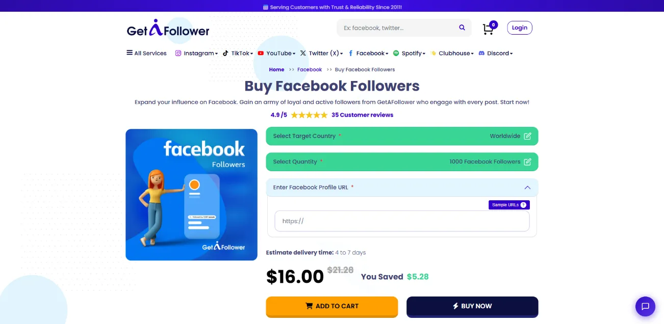GetAFollower Facebook followers service page screenshot