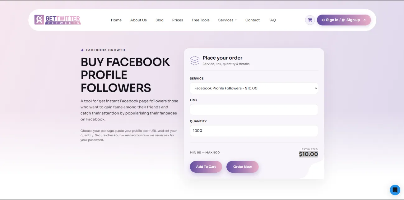 GetTwitterRetweet Facebook followers service page screenshot